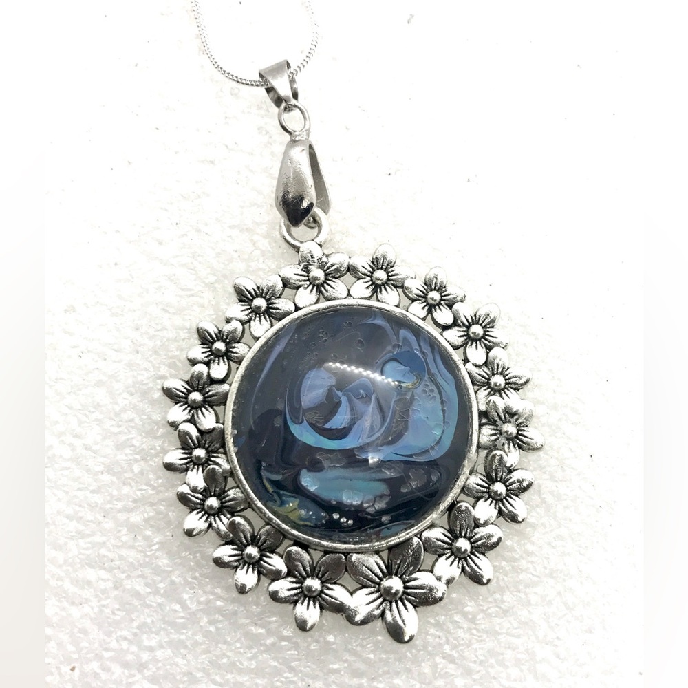 Floral Necklace Handmade large Pendant with hand painted glass dome NSN